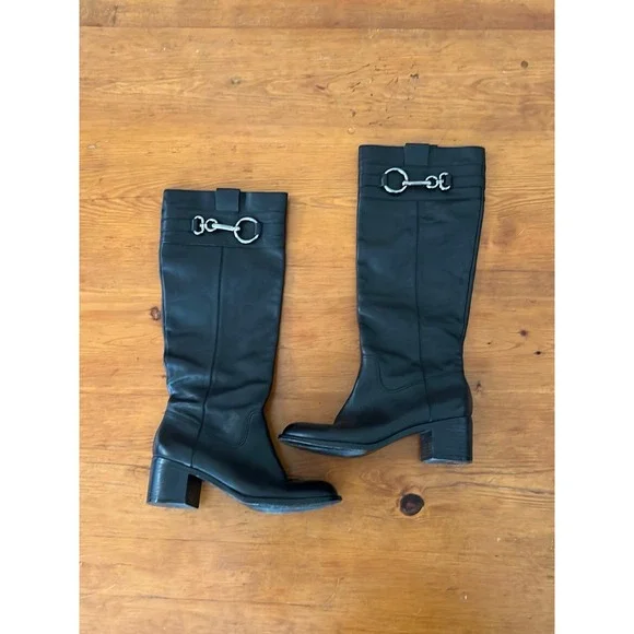 Coach Women's Black Leather Knee High Riding Boots Round Toe Buckle Logo Size 8B