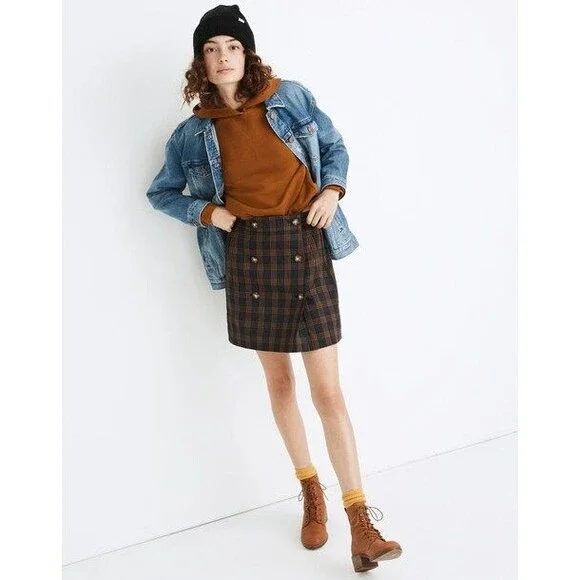 NEW Madewell Womens Skirt Brown Plaid Double-Breasted Mini A Line Tartan XS