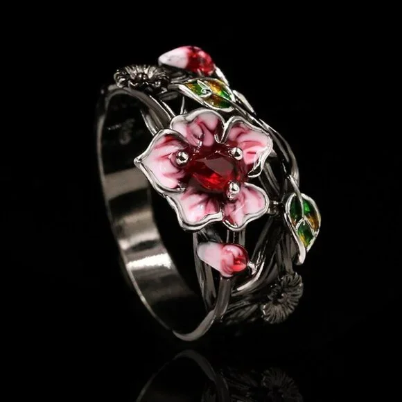 Jewelry ring band flower floral pink red stone black fashion beautiful new
