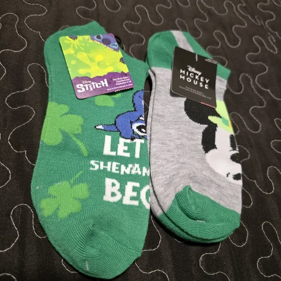 Disney Mickey Mouse Stitch St Patricks Day Ankle Socks 2 Pair‎ NWT Size 4-10