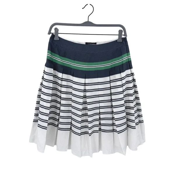 Lands End Pleated Midi Skirt Navy Blue Green White Striped Size 4 Preppy A-Line