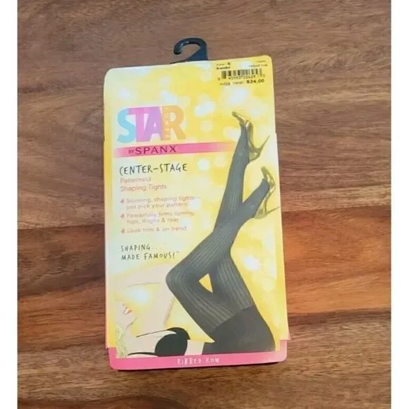 Star Power By Spanx Patterned Shaping Tights Size E Ribbed Row Black High Waist