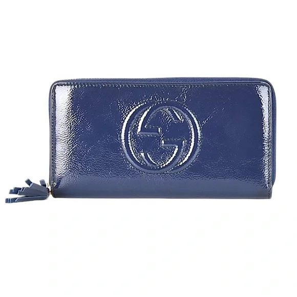 Gucci Soho Grainy Leather Zip Around Wallet – Blue – GG Logo Tassel