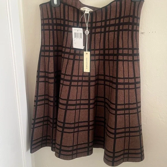 Max Studio Brown and Black Plaid A-Line Skirt