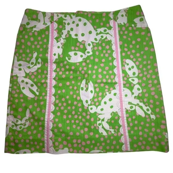 Lilly Pulitzer Originals Pink Green Crab Print Cotton Mini Skirt Coastal Size 2