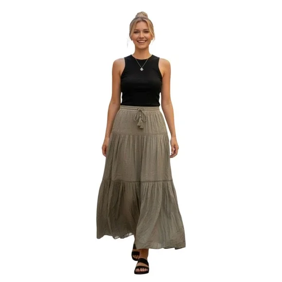 Light Green Silky Tiered Maxi Skirt Boho Peasant Rachel Zoe M NWT