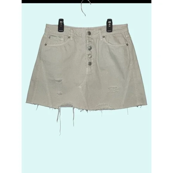 We The Free Mini Denim Skirt Size 31 Off White Distressed Button Fly Raw Hem