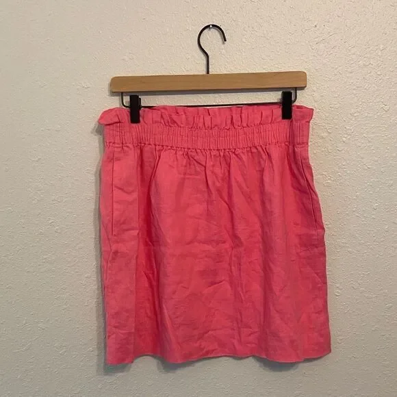 J. Crew Pink Paperbag Waist 100% Linen Chic Pocketed Skirt Size 8