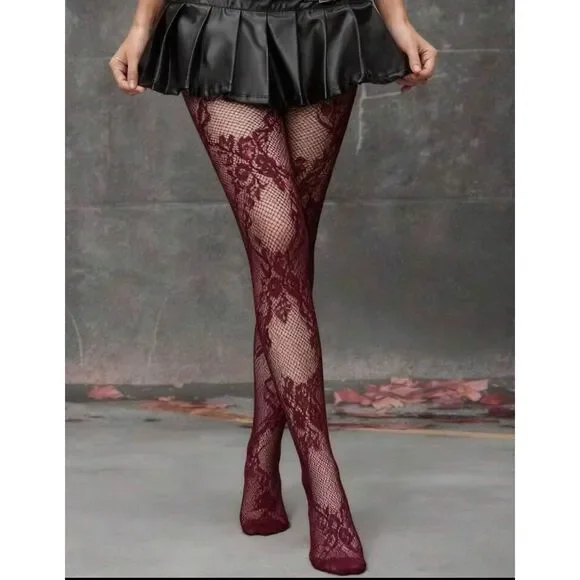 Burgundy Lace detail Fishnet tights
