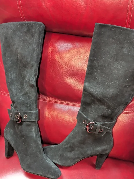 Black Suede Knee-High Heeled Boots with Buckle Detail Women's Size 10 New