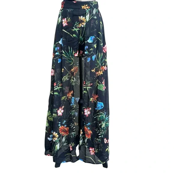 Sans Souci Floral Maxi Skirt with Built-in Shorts Black‎ Chiffon High Slit NWT