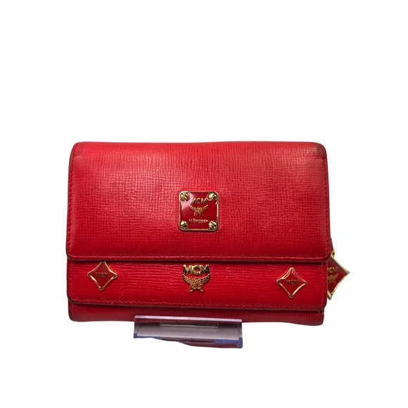 MCM Red Leather Bi-Fold Wallet Gold Tone Logo Hardware Charm