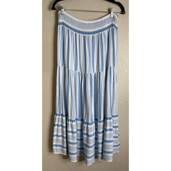 Velvet Heart Women XL Maxi Skirt Blue White Striped Smocked Tiered Boho Nautical
