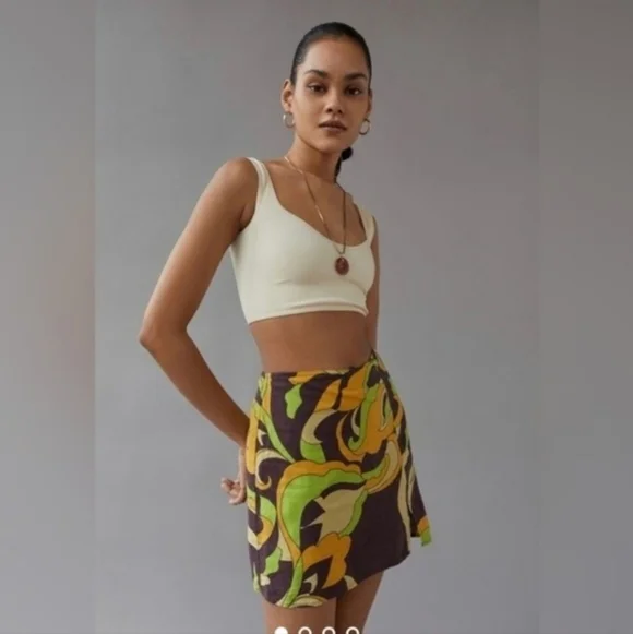 New Urban Outfitters Green Retro Phychedelic Linen Blend Mini Skirt Large 70s