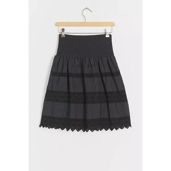 By Anthropologie Anisa Eyelet Mini Skirt Smocked Black Embroidered S NWT 283541
