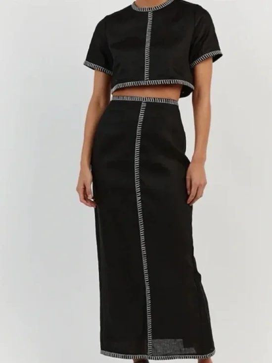 NWT Magaschoni Black 100% Linen 2-Piece Set Crop Top L & Maxi Skirt 10