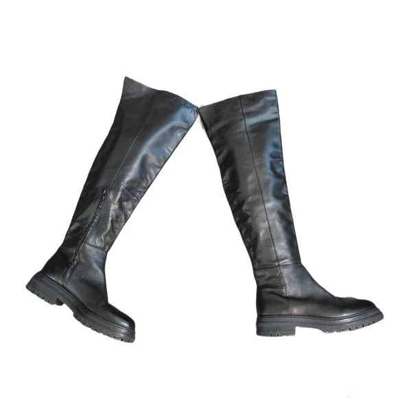 Tony Bianco Black Over-the-Knee Leather Lug-Sole Boots Women's Size 9