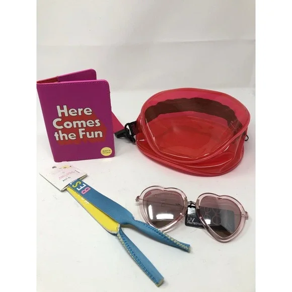 PINK Circular Plastic bag see through with‎ passport wallet, sunglasses & strap