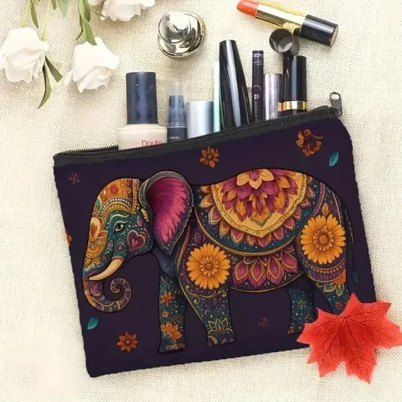 Halloween Gothic Purple Elephant w Flowers Makeup Bag - Double-Sided Printed