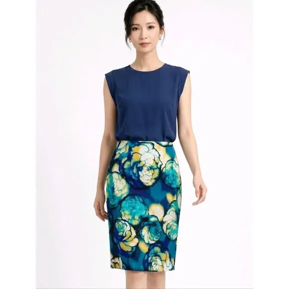 Worthington Julia Teal Floral Patterned Side Zip Pencil Skirt Size 8