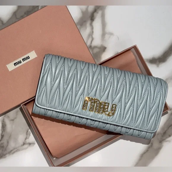 Miu Miu Matelasse Bifold Long Wallet Logo Leather Cielo Blue