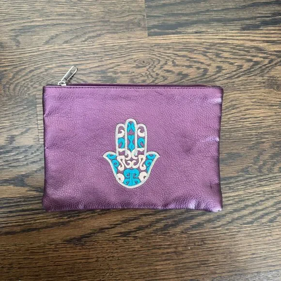 Women's Metallic Purple Faux Leather Evil Eye Hand Pouch
