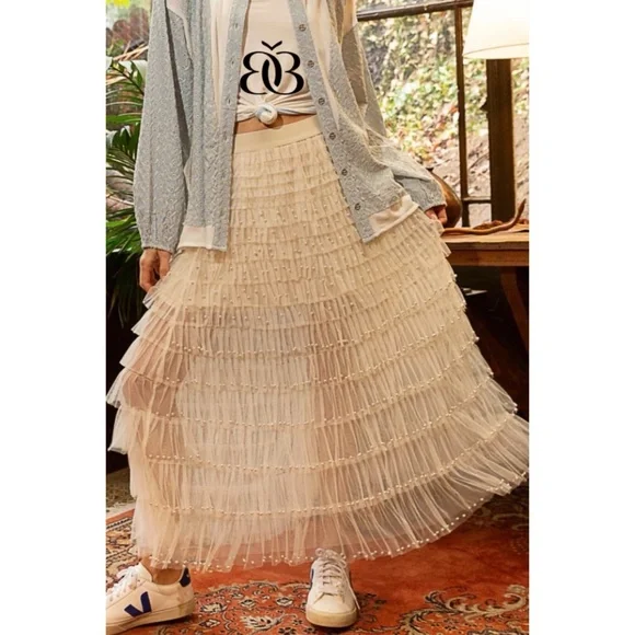 POL Cream Pearl Beaded Ruffle Tiered Tulle Maxi Skirt