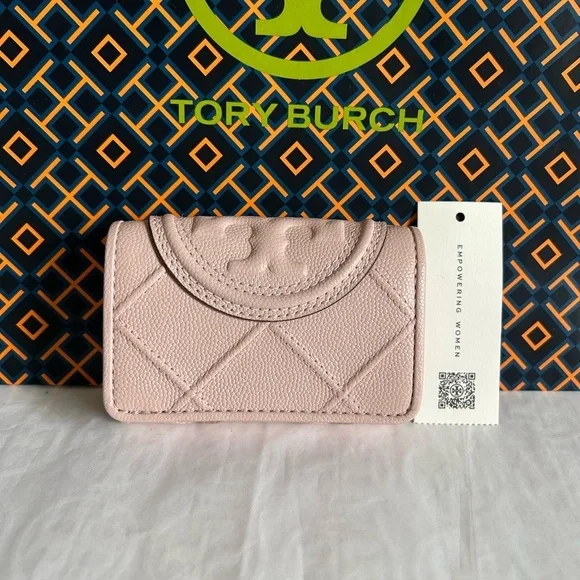 Tory Burch Fleming Soft Polished Grain Small Flap Wallet Pink Dawn Gold