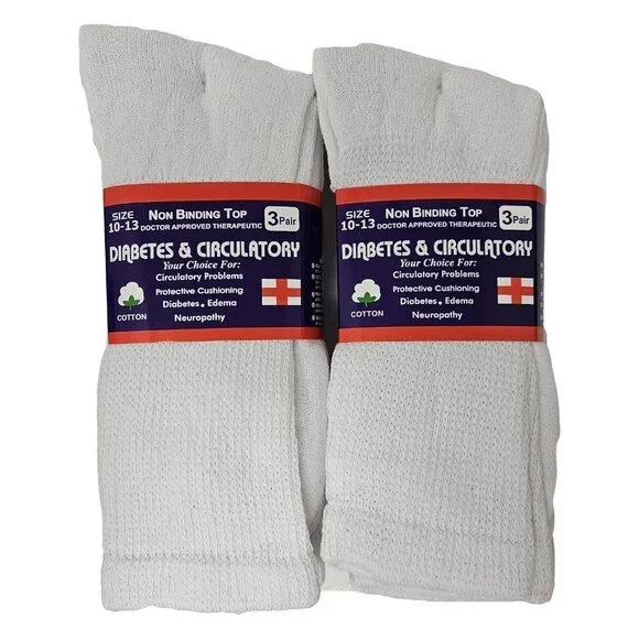 Diabetic Socks Men Women Cotton Non Binding Top Cushion Crew Socks, White 10-13