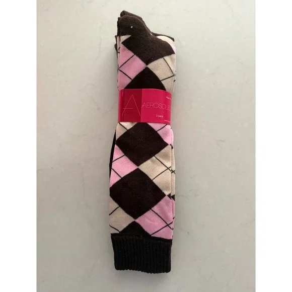 Aerosoles Women Argyle Crew Socks 3 Pack Brown Pink Tan‎ Cotton Blend New