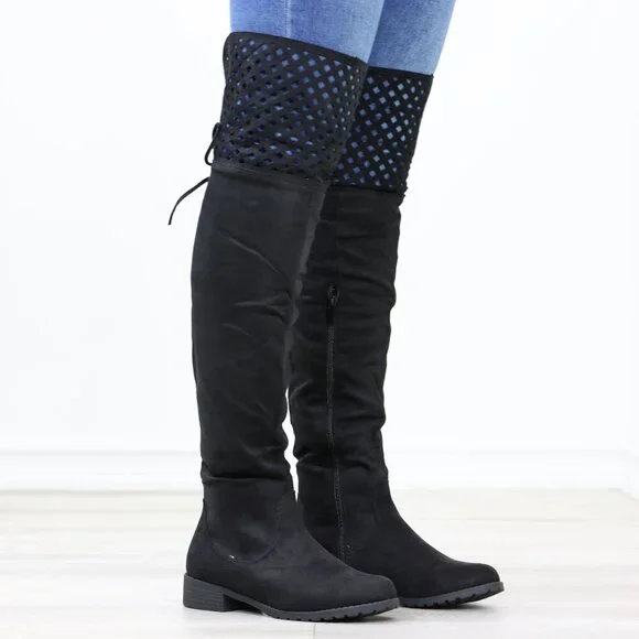 Black Over-the-Knee Boots Faux Suede Lace-Up Back Perforated Detail Flat Heel