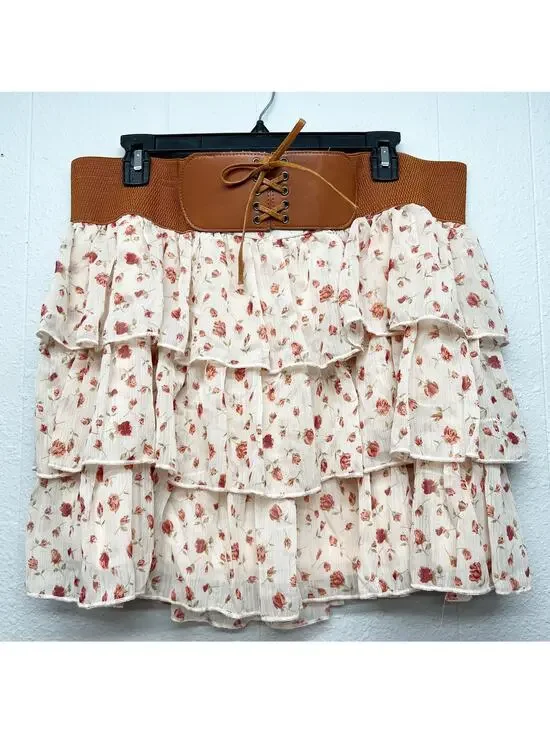 Vintage DEB Y2K Ruffle Floral Mini Skirt Womens XL Fairy Grunge Boho Festival