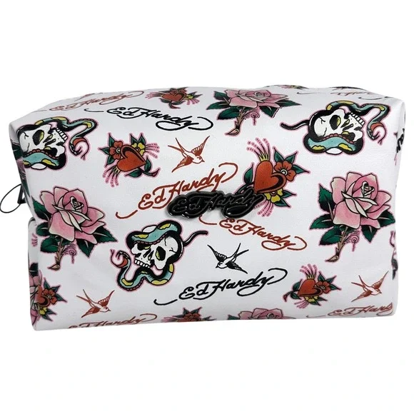 Ed Hardy Loaf Style Cosmetic Bag White Tattoo Print Vegan Leather Makeup Pouch