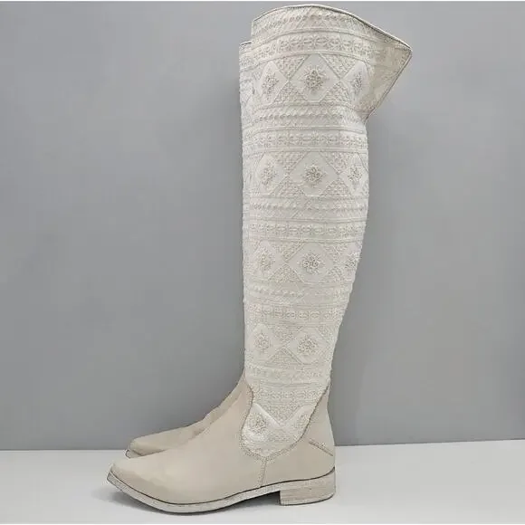 Free People Bren Knee High Boot Womens EU 37 Cream Embroidered Boho Slouchy NEW