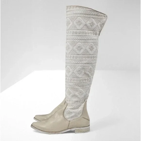 Free People Bren Knee High Boot Womens EU 37 Cream Embroidered Slouchy Boho NEW