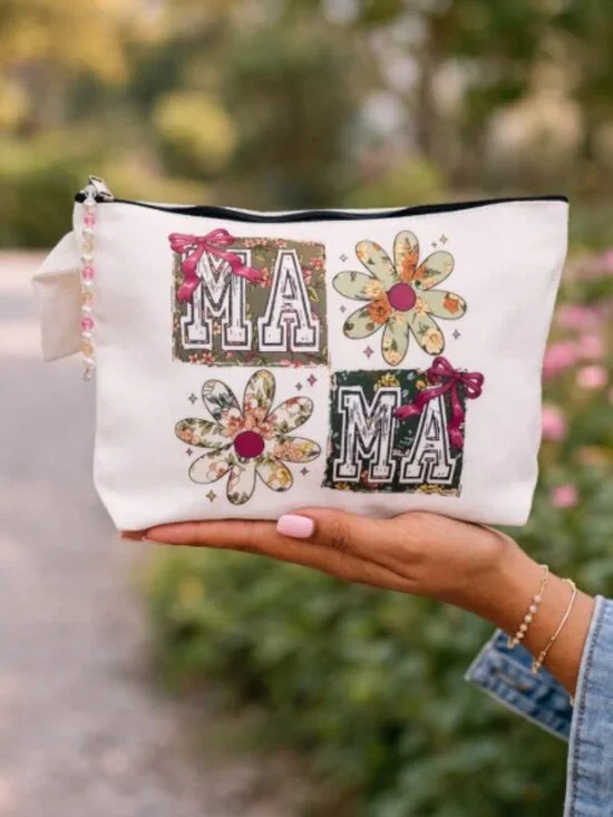 'MAMA' Floral Graphic Design Pink and White Cosmetic Makeup Pouch Wristlet Bag