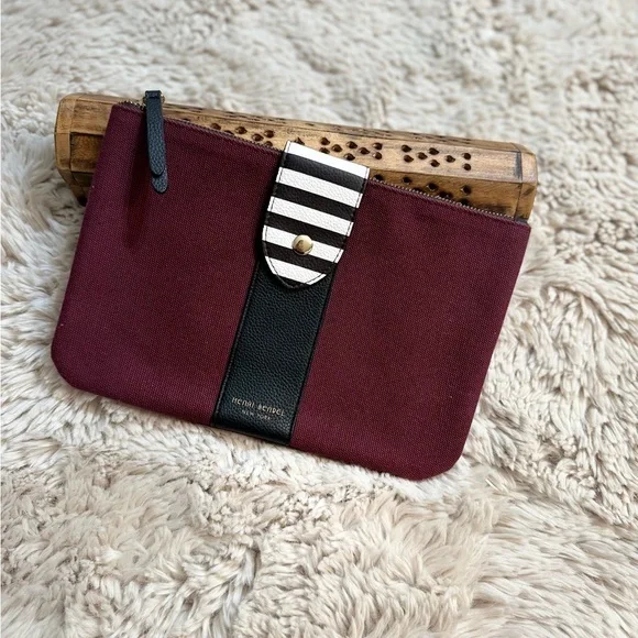 Henri Bendel Iconic Maroon Black White Zip Closure Cosmetic Bag or Small Clutch