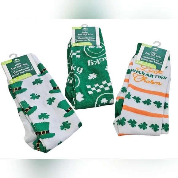 St. Patrick's Day 3 Pairs Of Ladies Knee High Socks. Fit Shoe Size 5-9, New