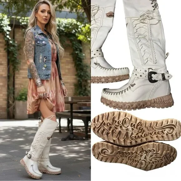 El Vaquero Italy Artemide Camel Blanche Wedge Moccasin Boots Size 40 NIB