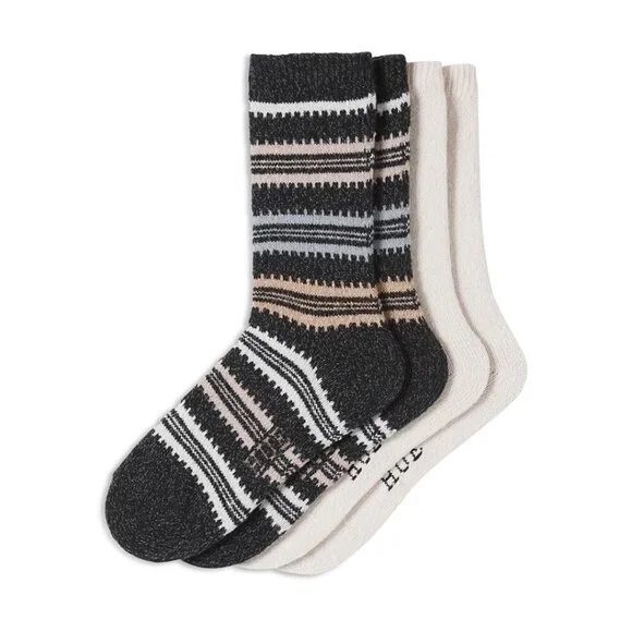 18$ HUE 2 Pack Striped Rib Trim Cuffs Boot Socks Women's Size One Black Beige