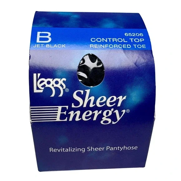 Vintage L'eggs Sheer Energy Pantyhose Control Top Jet Black Size B Reinforced