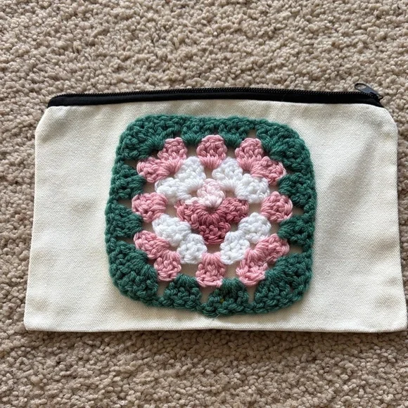 Handcrafted Crochet Cosmetic Bag - Pink, Green, and Cream
