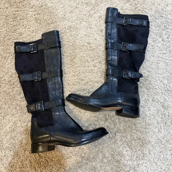 Cole Haan Black Suede Riding Boots Womens Size 7 Tall Buckle Strap Knee High