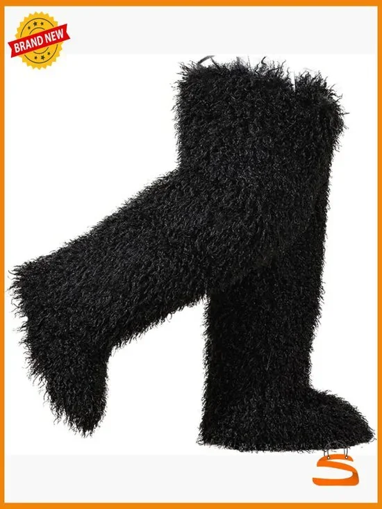 Faux fur knee-high boots, Y2K over-the-knee fluffy flat boots 28in