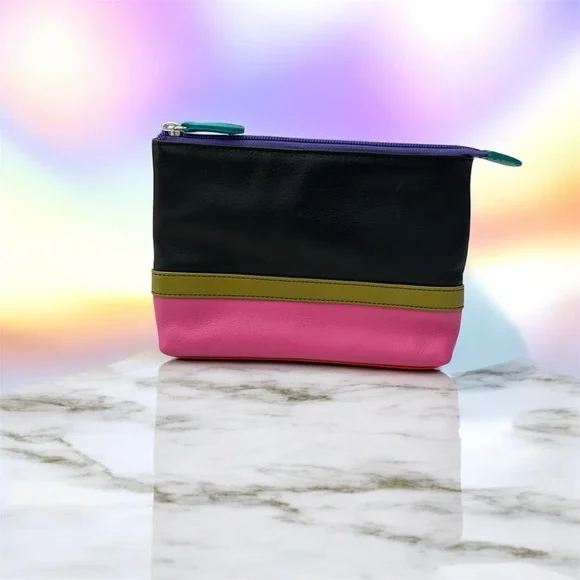 Leather  Black and Pink Cosmetic Bag with Olive Accent
