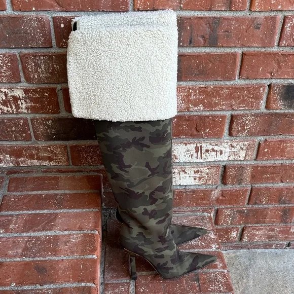 Good American Camo Over the Knee Boots Shearling Cuff GA255N Women's 5.5