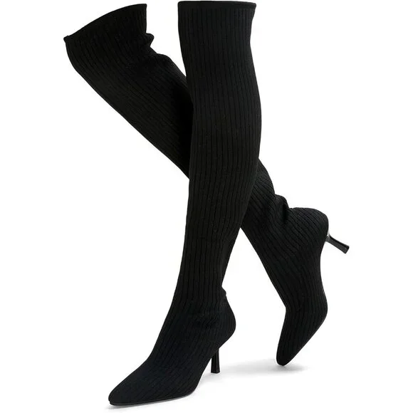 Women's Black Thigh High Socks Pointed Toe Over-the- Knee High Heel Boots