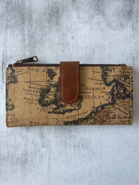 Patricia Nash Nazari Leather Bifold Wallet RFID Protection Brown European Map