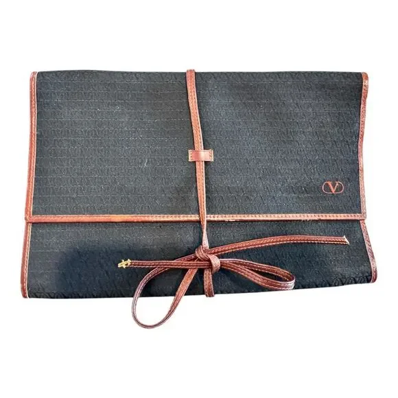 Valentino Black Canvas Travel‎ Wallet Organizer with Brown Leather Trim