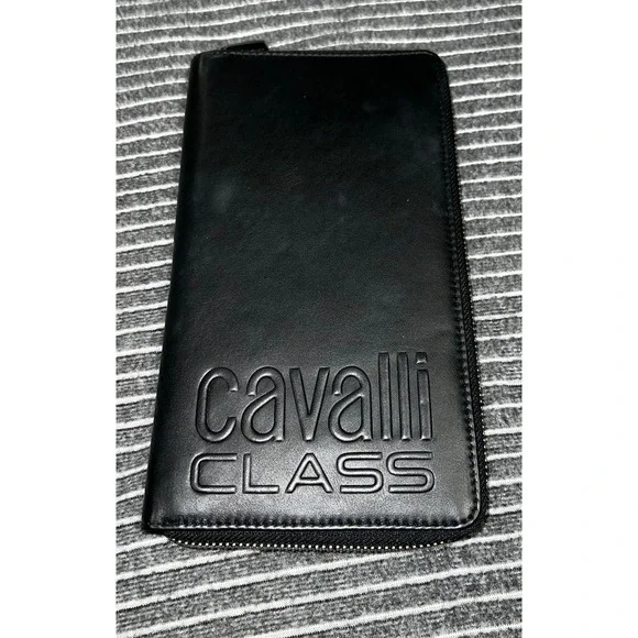 Cavalli Class‎ Black Leather Zip Around Travel Wallet Organizer Debossed Logo